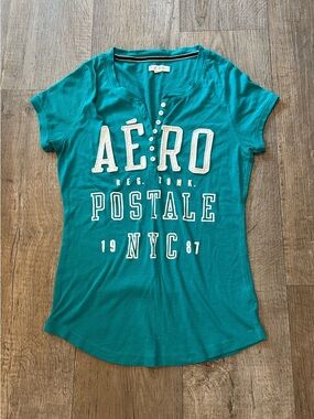 Aeropostale Teal Short Sleeve Logo Henley Tee